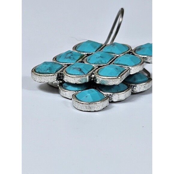 Vintage Boho Turquoise Dangle Earrings Silver Tone Geometric Drop Jewelry - Picture 3 of 9